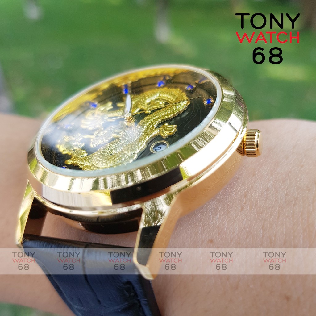 Đồng hồ nam SL dây da mặt rồng nổi mạ vàng đá xanh đỏ có lịch quyền lực chính hãng Tony Watch