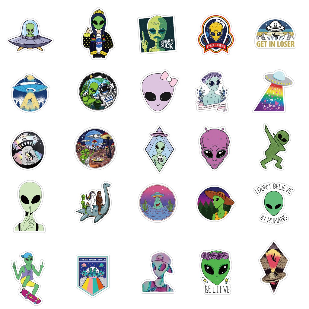Bộ 50 Sticker Hình Người Ngoài Hành Tinh Và UFO Dán Trang Trí Vali Hành Lý/Máy Tính Xách Tay/Xe Mô Tô/Xe Hơi Thủ Công