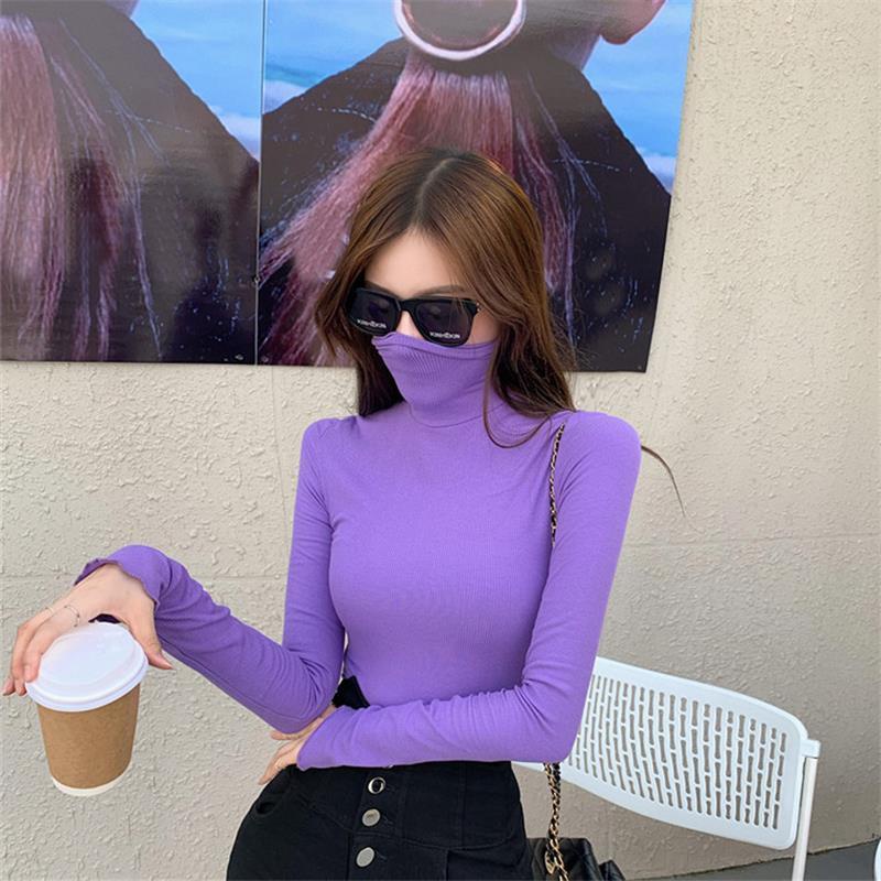 Áo thun COZOKC tay dài cổ cao màu trơn phong cách Hàn Quốc