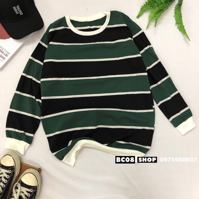 Áo Sweater tay dài sọc ngang form rộng dấu quần