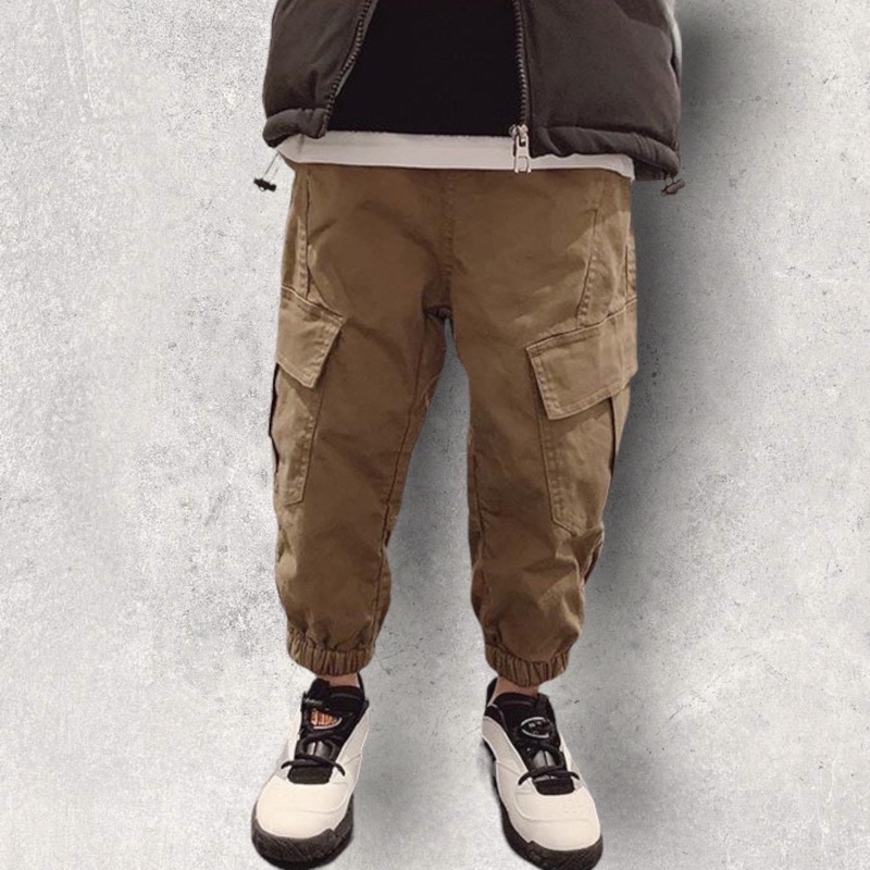 quần dài kaki bé trai chất mềm màu nâu có túi dáng jogger có lót lông Shushibaby