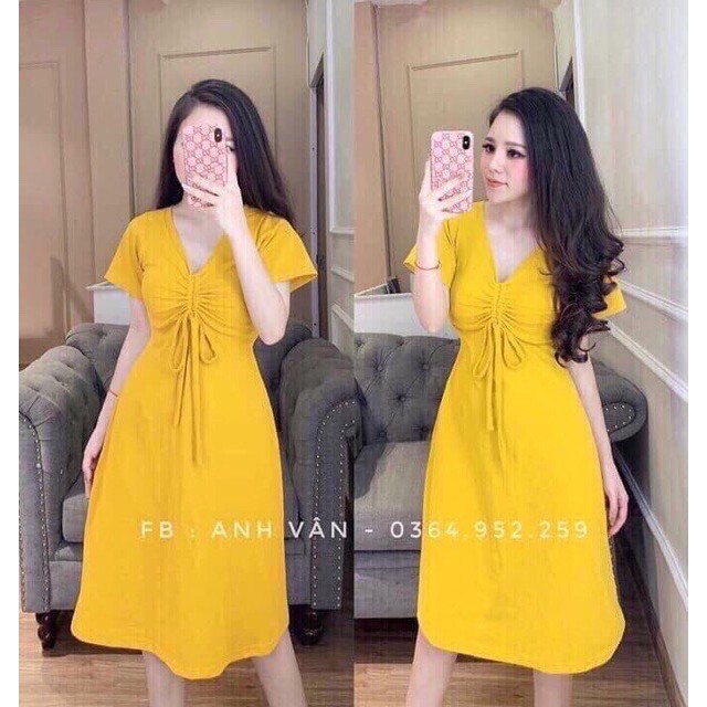 Đầm suông nữ cổ tim rút dây ngực đuôi xòe chất cotton tàu mịn mát thiết kế sang chảnh | BigBuy360 - bigbuy360.vn