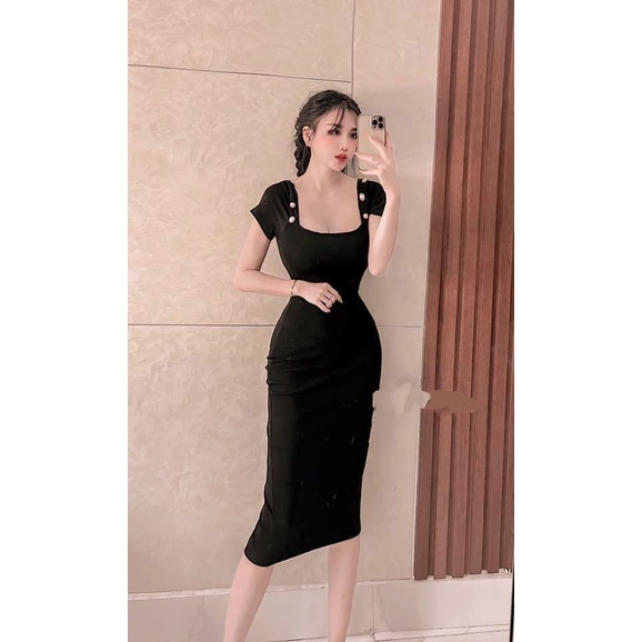 Đầm ôm body cổ vuông có nút vai tay ngắn chất thun lên form ôm dáng cực kì, váy body nữ tay ngắn form dài MIDORI247