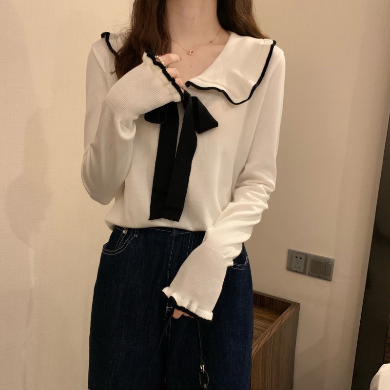 Áo Dệt Kim Nữ Tay Dài Cổ Búp Bê Đính Nơ Phong Cách Hàn Quốc