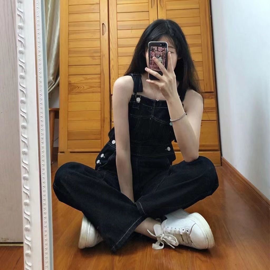 Quần yếm jeans đen dài ống rộng hack dáng thiết kế Hàn Quốc 2023