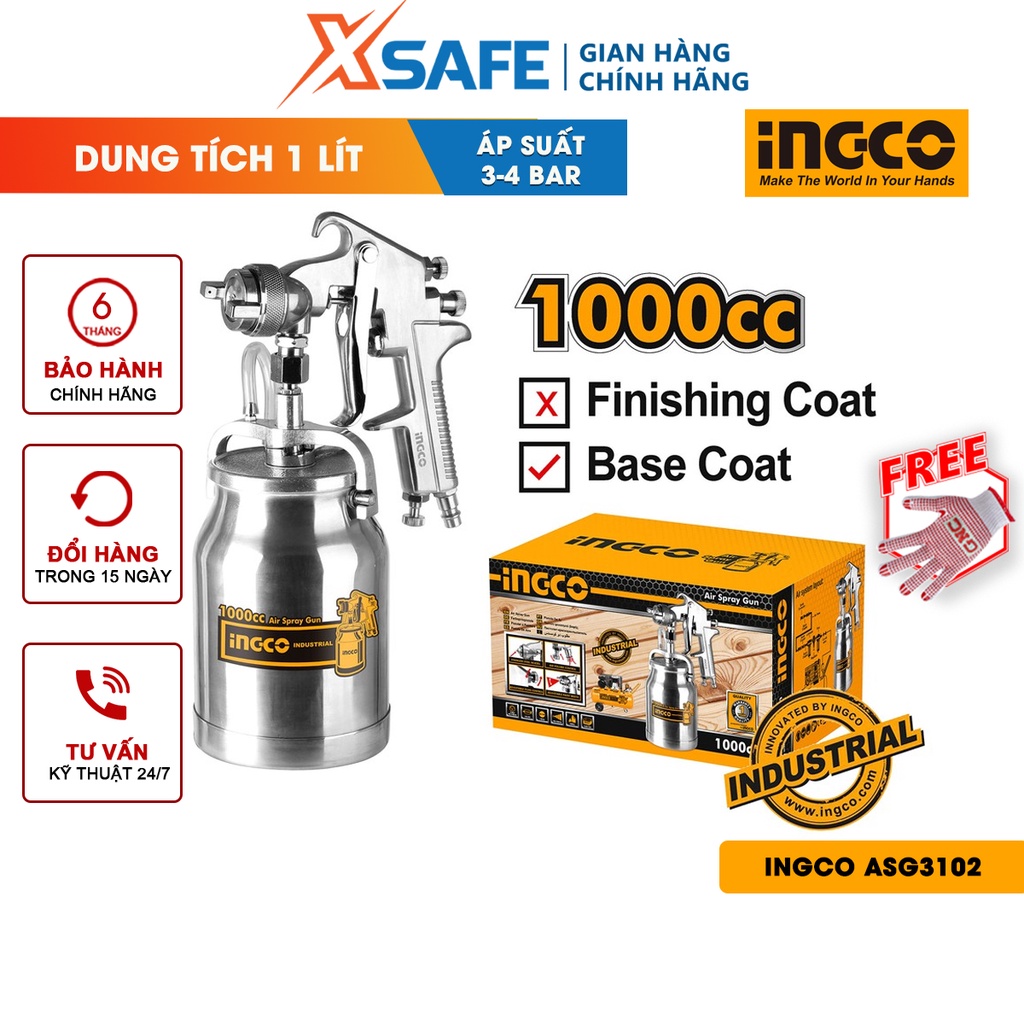 Súng phun sơn INGCO ASG3102 - Vòi phun tiêu chuẩn 1.8mm, dung tích 1.0L, áp lực vận hành 3 - 4 bar [XSAFE]