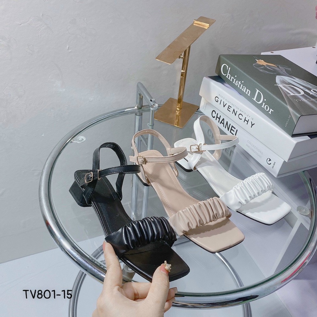 Giày sandal cao gót quai nhún chất da cao cấp đế vuông 5cm quai hậu sau chắc chắn