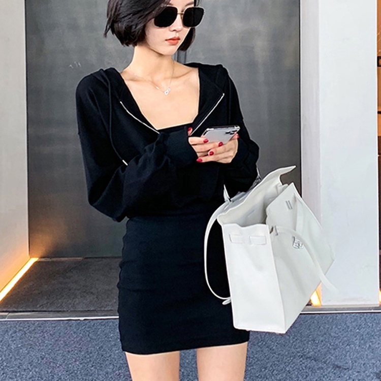 SUXI Đầm Thể Thao Tay Dài Có Mũ Trùm Đầu Màu Sắc Đơn Giản Trẻ Trung
