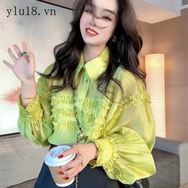 Áo Sơ Mi Chiffon Tay Phồng Phối Ren Màu Xanh Lá Ngọt Ngào Thời Trang Mùa Xuân Phong Cách Phương Tây Dành Cho Nữ
