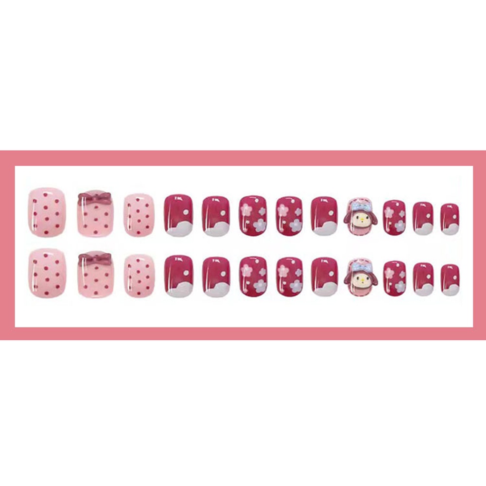 Set 24 Miếng Dán Móng Tay Giả Họa Tiết Chấm Bi/Hoạt Hình Màu Gradient Kèm Keo Có Thể Tháo Rời