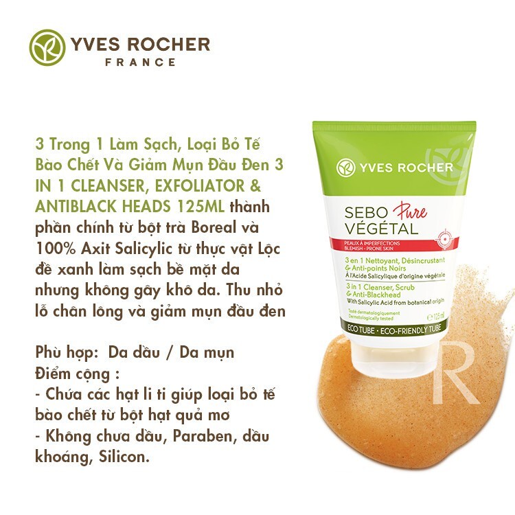 Yves Rocher - Mẫu mới Gel rửa mặt cho da mụn làm sạch da chết 3-IN-1 CLEANSER, SCRUB & BLACKHEADS 125ML