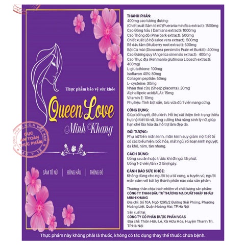 Queen Love Minh Khang, giúp bổ huyết, điều kinh, hỗ trợ làm đẹp da. hộp 30 viên.