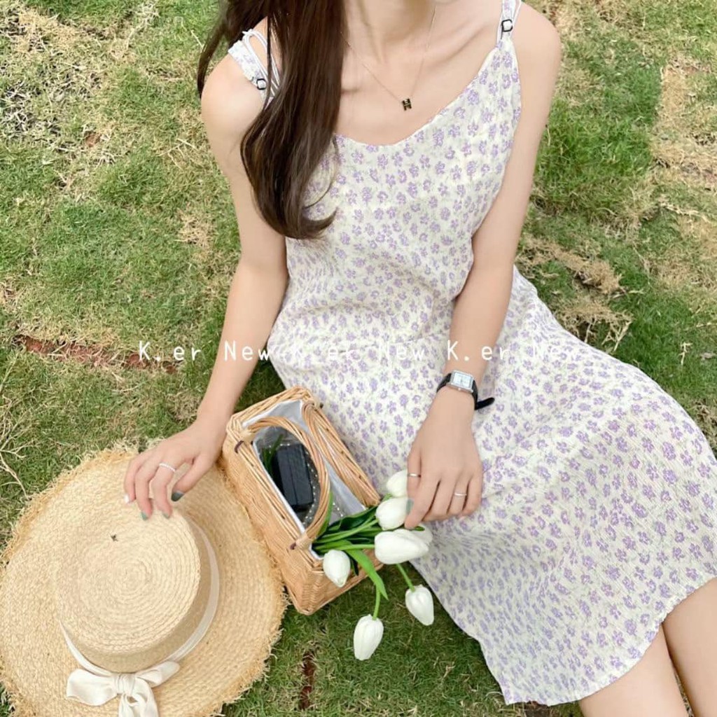 Váy hoa nhí hai dây maxi dáng dài điệu đà vintage gợi cảm style Hàn Quốc - Xưởng May Hạnh Hồng