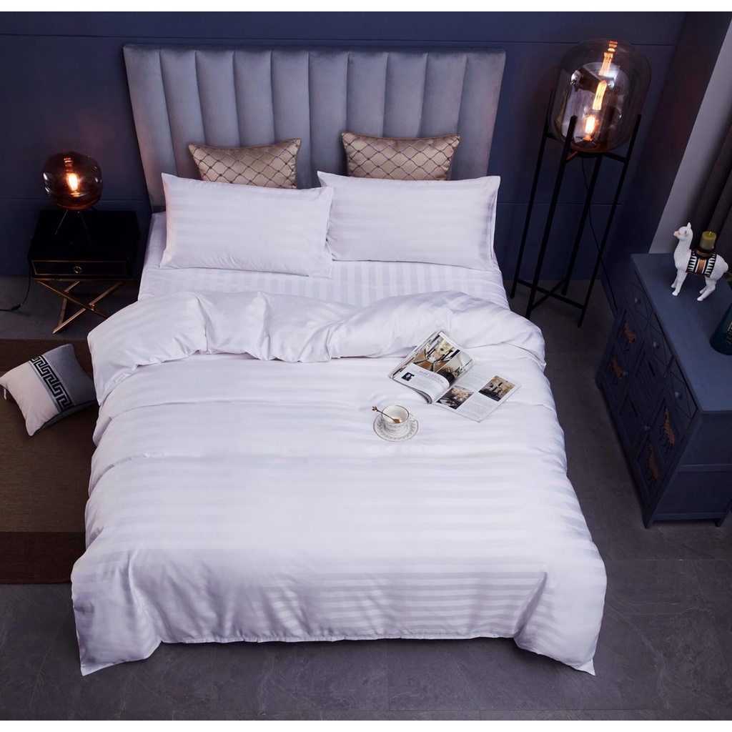 Bộ chăn ga gối kẻ sọc cotton 3F cho khách sạn, resort, nhà nghỉ - Chăn Chần Bông Có Dây Kéo