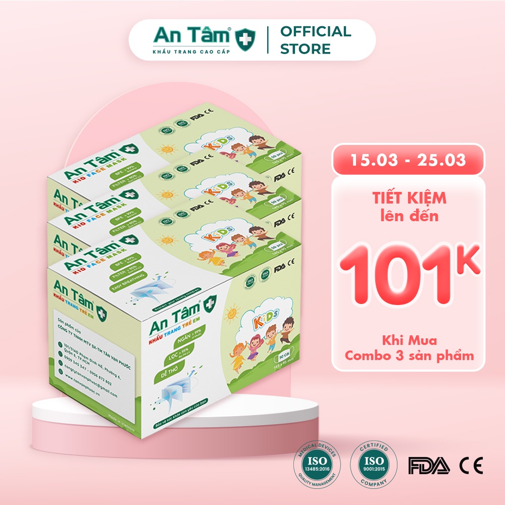 Combo 3 hộp khẩu trang y tế cho bé in HỌA TIẾT 3 lớp Giấy Kháng Khuẩn &amp; Vải Không Dệt - Chính Hãng AN TÂM - Hộp 50 cái