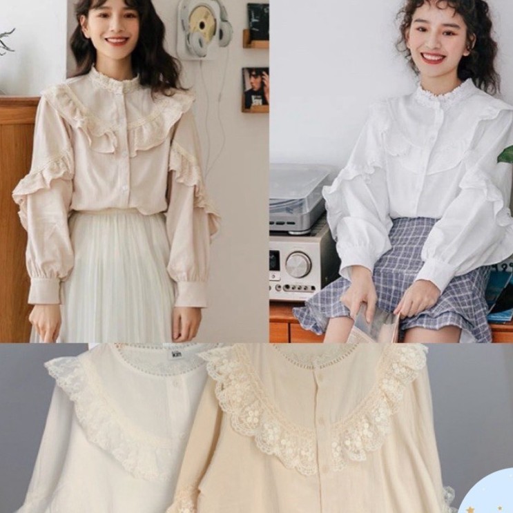 Áo sơ mi viền ren cúc bọc dài tay Ulzzang, sơ mi cổ bèo đính 2 cúc bọc.