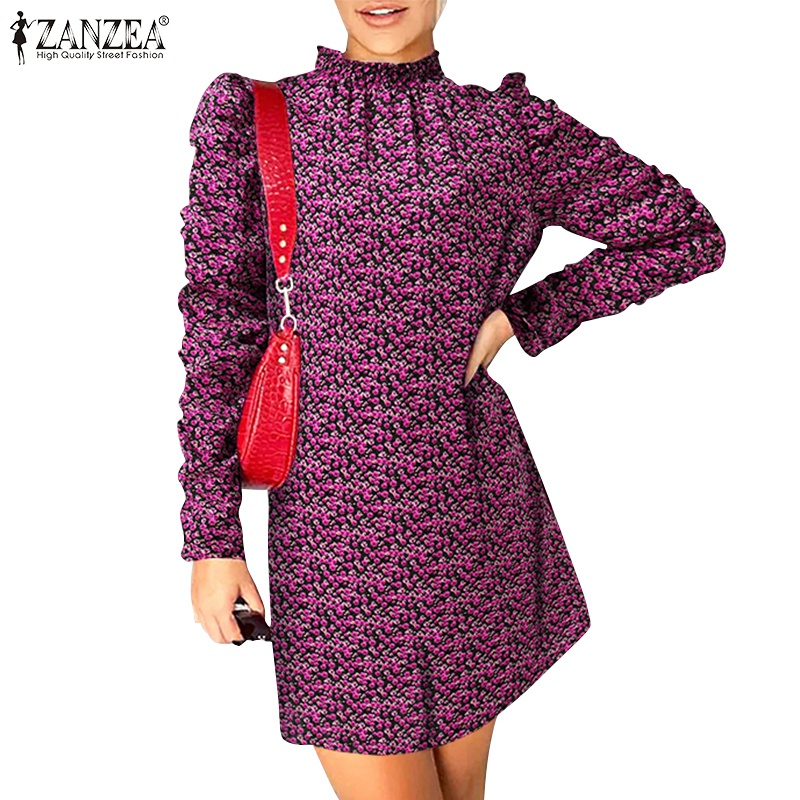 Đầm ngắn Zanzea cổ lọ tay dài in họa tiết phong cách Châu Âu thời trang dành cho nữ