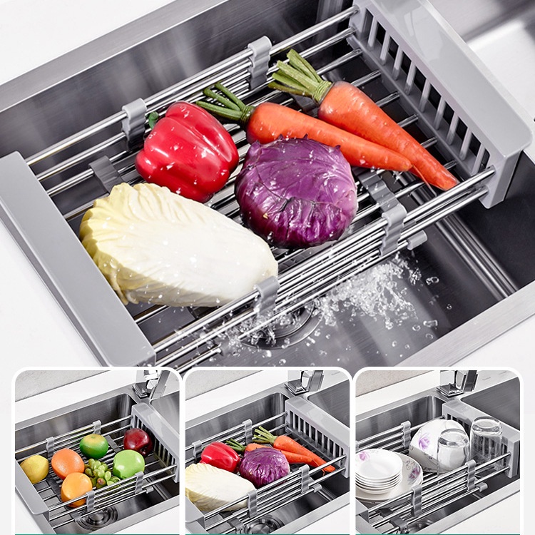 Kệ Giá Rổ Gác Bồn Rửa Chén,Kệ Gác Bồn Rửa Bát Inox Rút Gọn Siêu Tiện Lợi Đựng Rau Củ Quả Thực Phẩm MKS050
