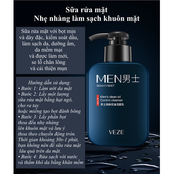 Bộ mỹ phẩm dưỡng da, chăm sóc da mặt cho nam giới 4 món VEZE giúp dưỡng ẩm, dưỡng trắng, kiềm dầu, ngăn ngừa mụn SPU219