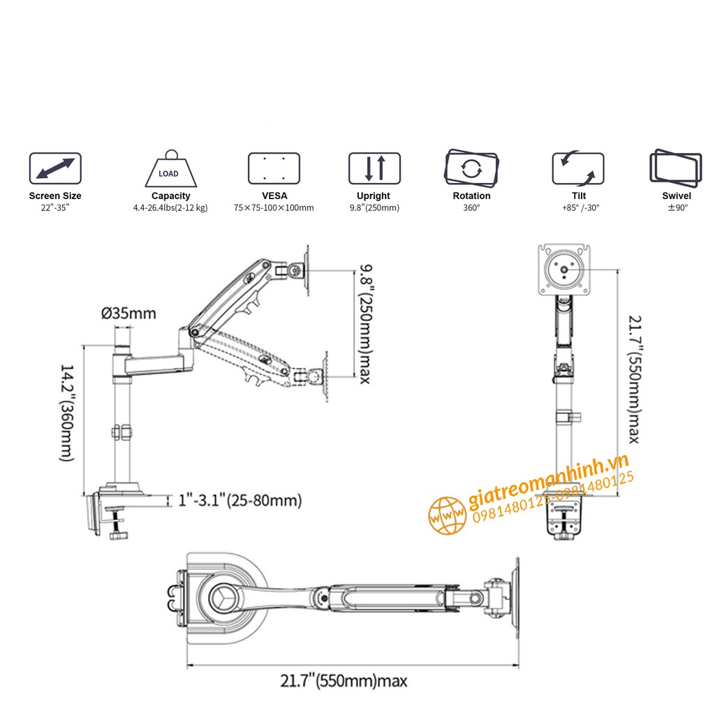 Giá Treo Màn Hình NB-H100 Tương Thích Màn 27-34 Inch  Tải Trọng 12Kg  - Lắp Đặt Kẹp Bàn & Vít Xuyên Bàn
