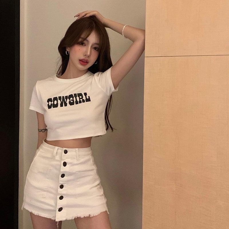 Áo thun IELGY tay ngắn lưng cao dáng ôm thời trang retro cho nữ