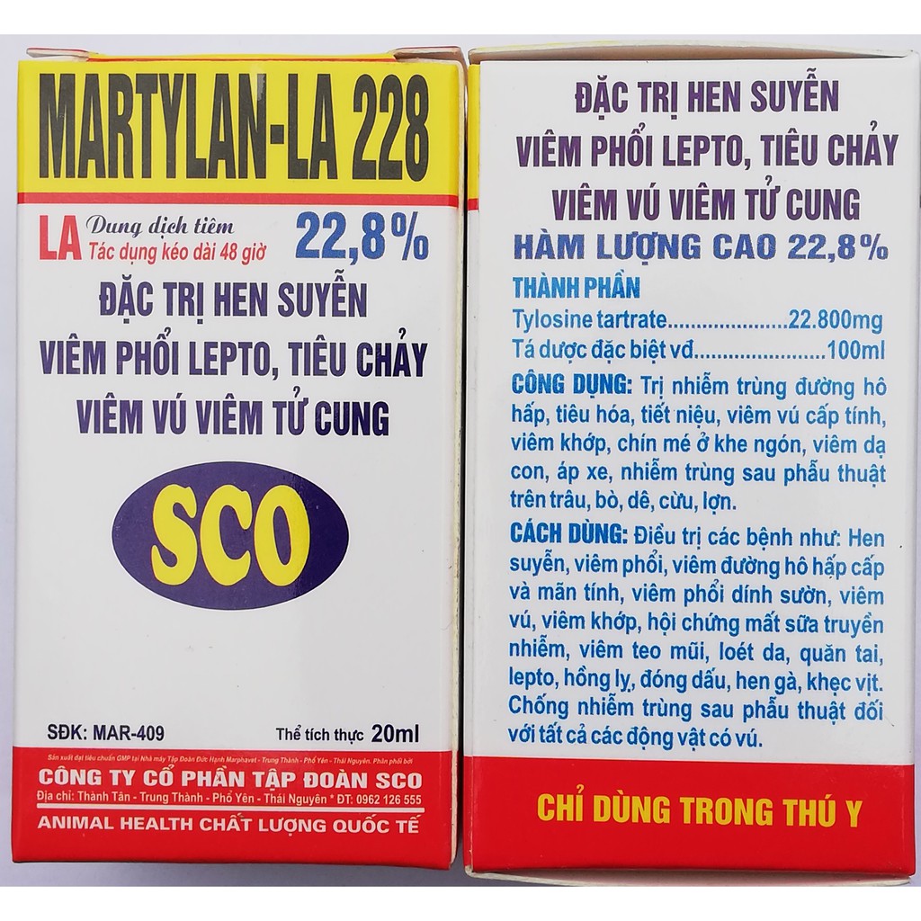 1 lọ MARTYLAN-LA 228  20ml Dùng cho Gà, vịt, ngan Dê, cừu, lợn con, chó, mèo Trâu, bò, lợn tiêu chảy hen suyễn viêm phổi