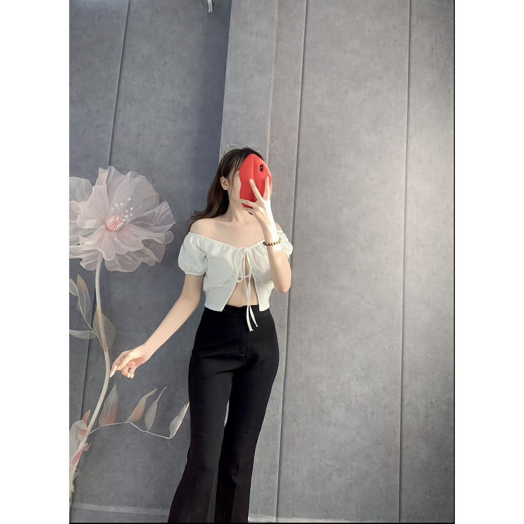 Áo xốp hoa cột dây ngực tay ngắn bo thun hở vai ngực cực sexy , kiểu dáng croptop