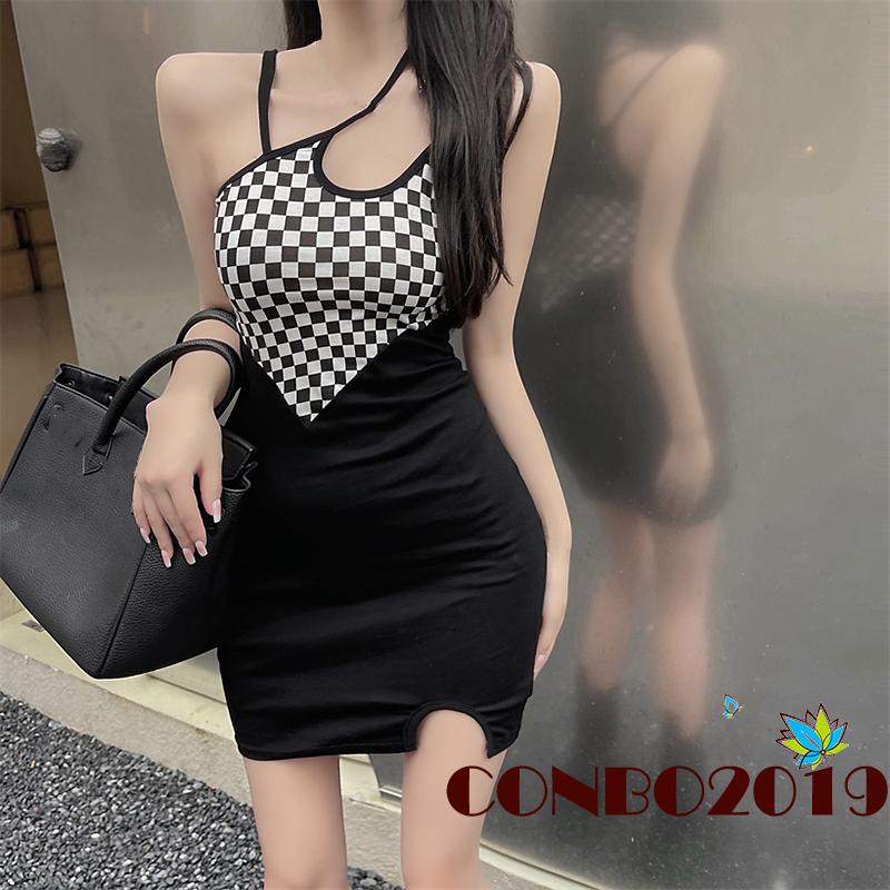 Đầm Mini Hai Dây Ôm Dáng Không Tay In Họa Tiết Caro Kiểu Cách Cho Nữ