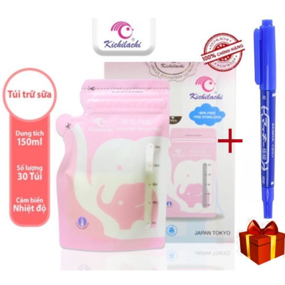 Tặng Viết - Hộp 30 Túi trữ sữa cảm biến nhiệt 150ml Kichilachi có vòi rót 1 bên tiện lợi, an toàn cho bé - Kichi K30V