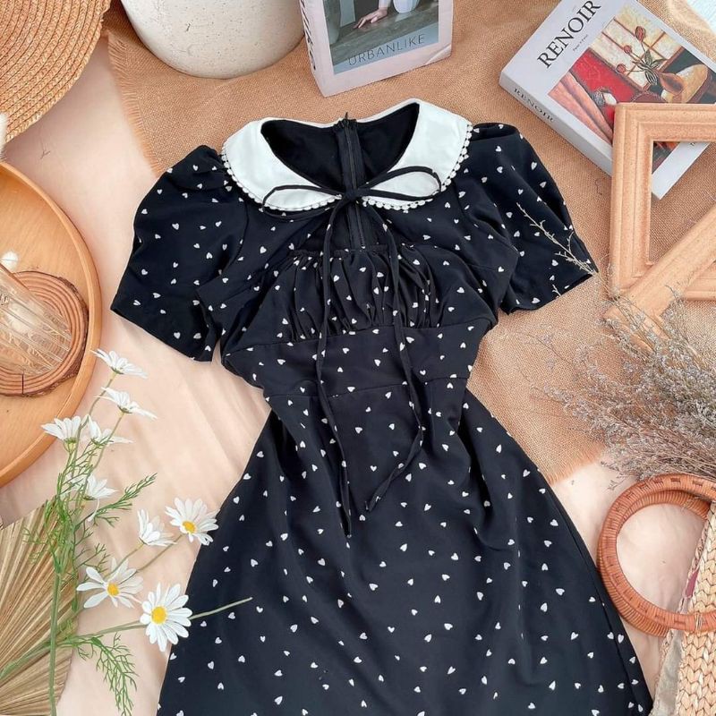 ĐẦM HOA NHÍ CUT OUT CỔ SEN TRẮNG mã 1604