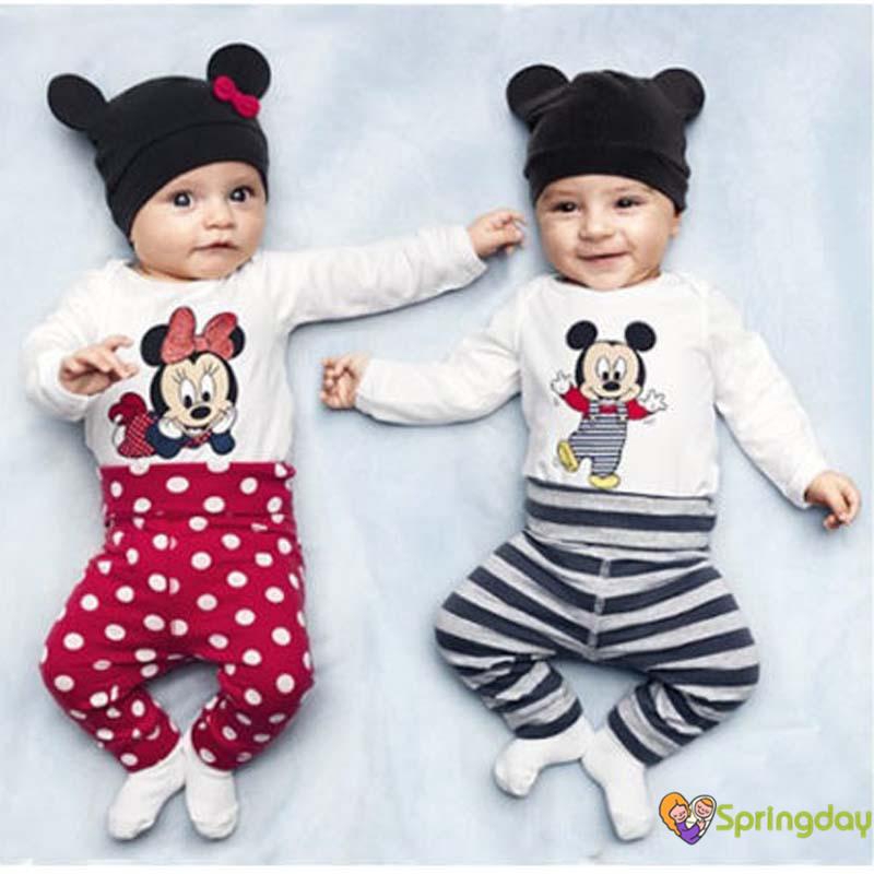 Bộ 3 Cái Gồm Áo Thun Hình Chuột Mickey+Quần Dài+Nón Cho Bé Sơ Sinh, Bé Gái