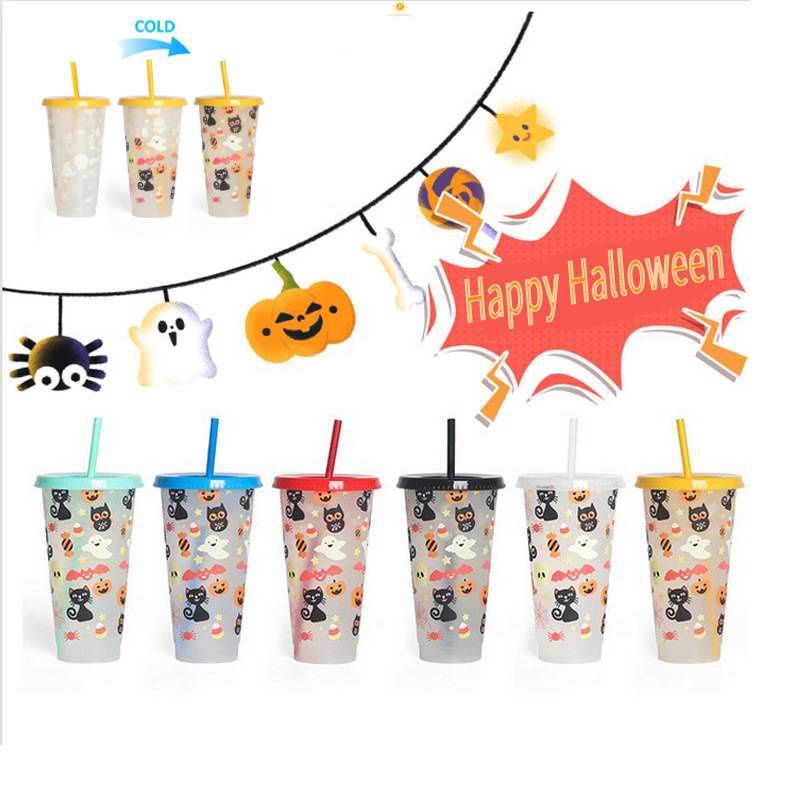 710Ml Có Thể Tái Sử Dụng Tumbler Đổi Màu Confetti Lạnh Cốc Halloween Ống Hút Có Nắp Đậy Cốc Nhựa Có Ống Hút Cho Cà Phê Sữa trà Lạnh Đồ Uống Quà Tặng