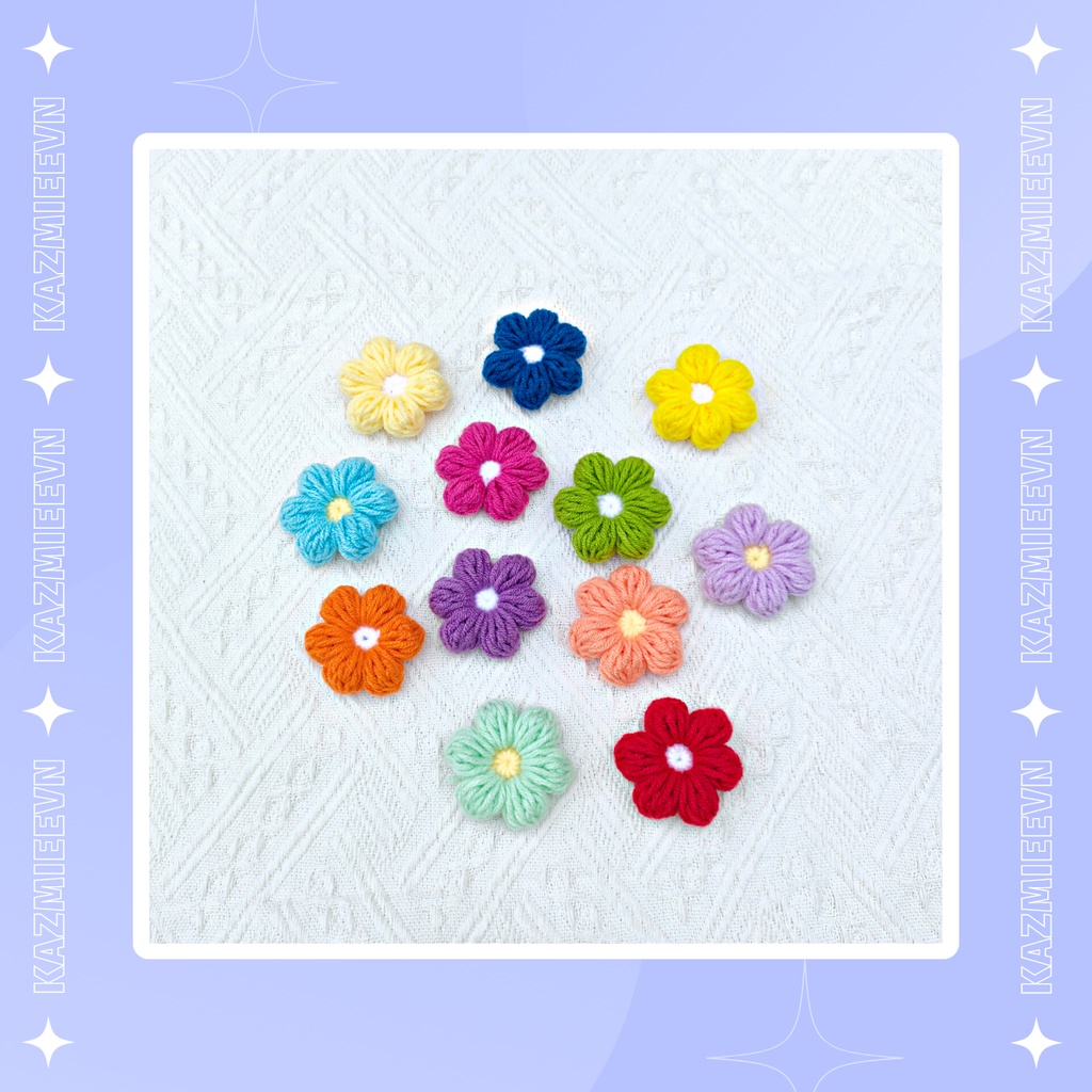 Hoa len trang trí, pin/ghim cài áo, balo handmade hoa 6 cánh