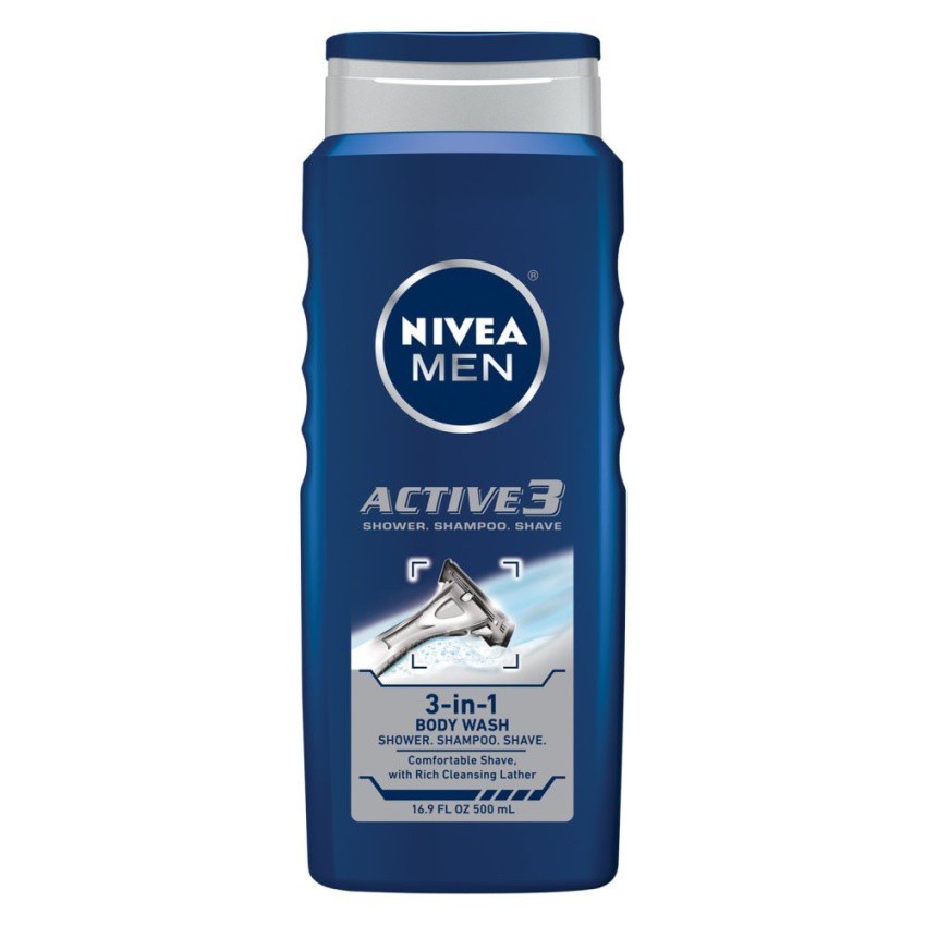 Gel tắm, gội, cạo râu 3 trong 1 NIVEA Men Active3 3-in-1 Body Wash 500ml (Mỹ)