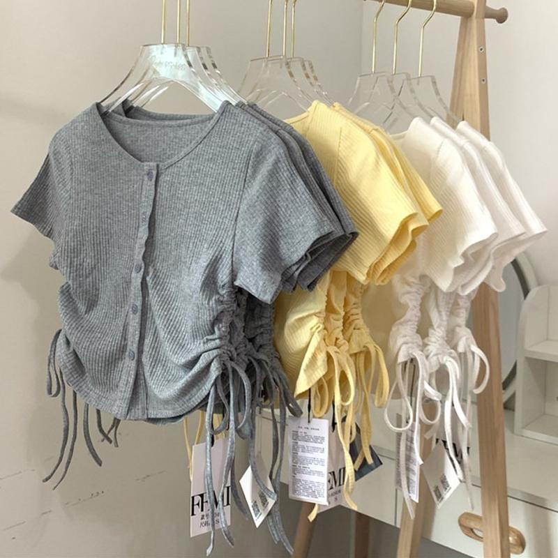 [Babycat] Hàng Có Sẵn Áo Thun Cardigan Tay Ngắn Phối Dây Rút Xếp Ly Phong Cách Hàn Quốc Nhật Bản Cho Nữ