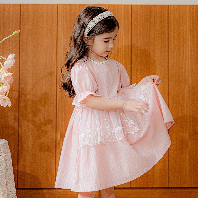 Đầm Hồng tay Búp phối ren eo cho bé - SOLEN KIDS chuyên quần áo trẻ em Xuất Khẩu