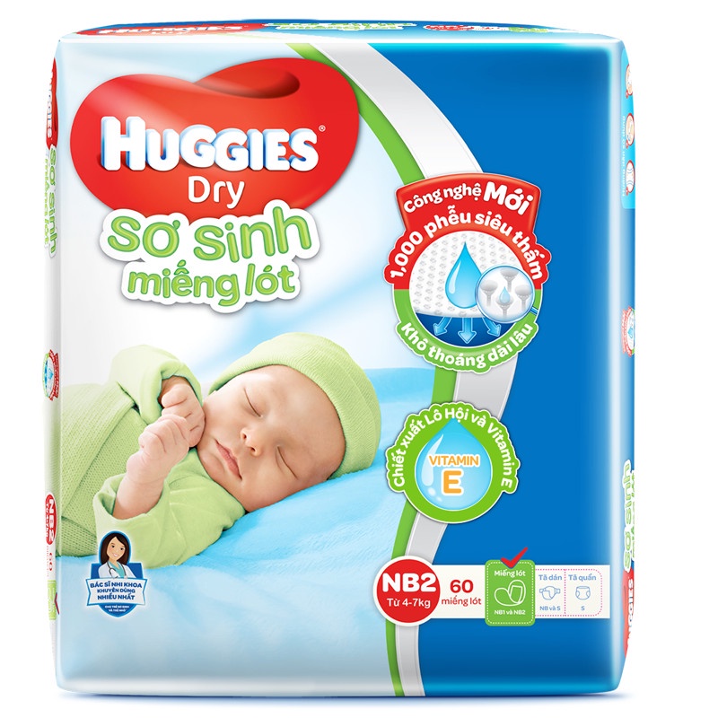 Tã Dán Miếng Lót Sơ Sinh Huggies-Nb2 60 Miếng Lót Siêu Thấm Cao Cấp