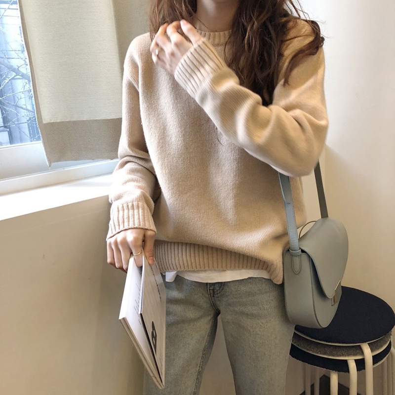 ♀♀Áo Sweater Dệt Kim Cổ Tròn Dáng Rộng Màu Trơn Thời Trang Thu Đông Phong Cách Hàn Quốc Cho Nữ