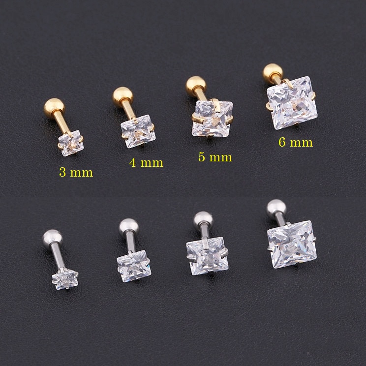 Bông tai titan nữ đính đá hình vuông 3 mm 4 mm 5 mm lấp lánh (giá 1 chiếc)