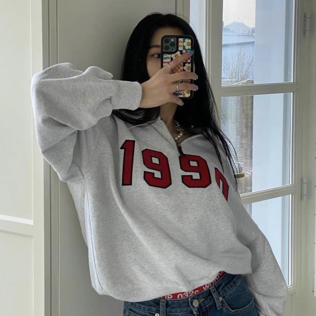 Áo sweater nữ polo có cổ form rộng chất nỉ bông dày ấm (có ảnh thật) phong cách Hàn Quốc màu xám 1990