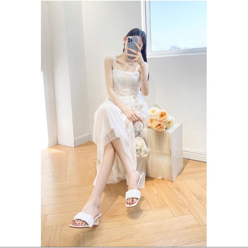 Dép sandal gót trong  quai voan 5 phân, sadal nữ quai bèo óng ánh mã V18