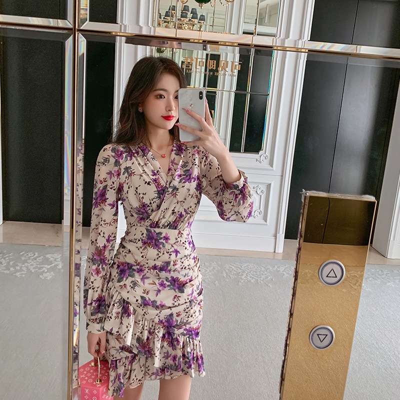 Đầm chiffon ZYHT 4799 dáng ngắn cổ V tay phồng họa tiết hoa thời trang Hàn Quốc cao cấp cho nữ