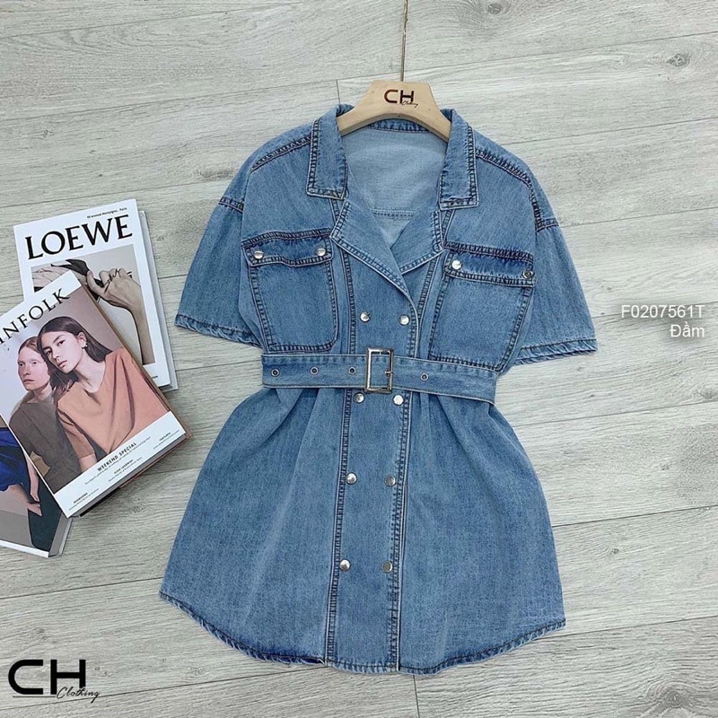 Đầm jean xanh cổ vest đai eo