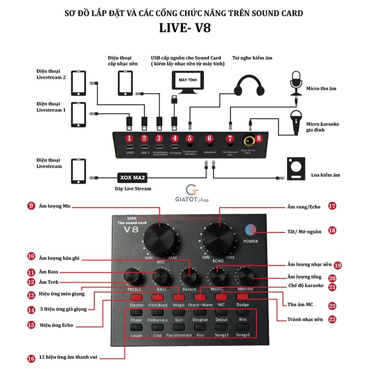 Sound card V8 cao cấp có kết nối không dây bluetooth dành cho míc thu âm