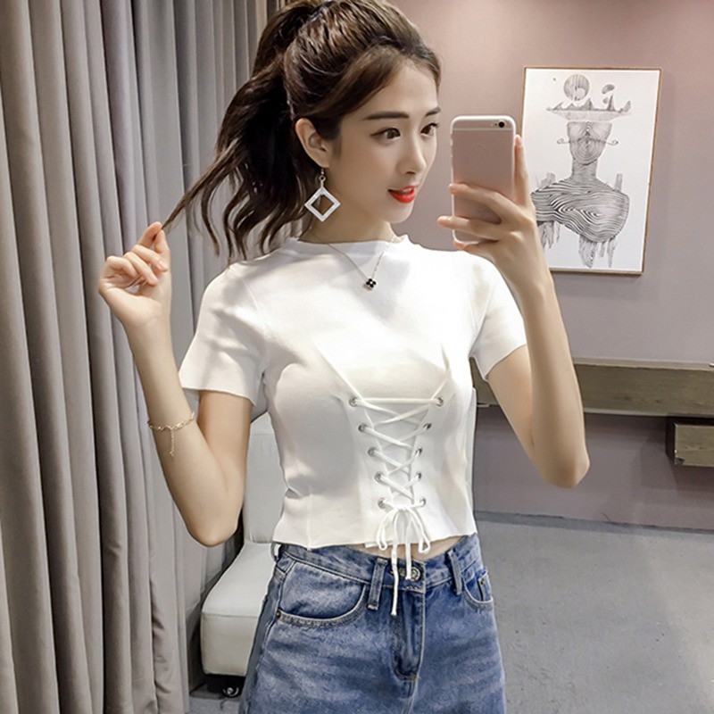 Áo Croptop dệt kim tay ngắn cổ tròn thanh lịch cho nữ
