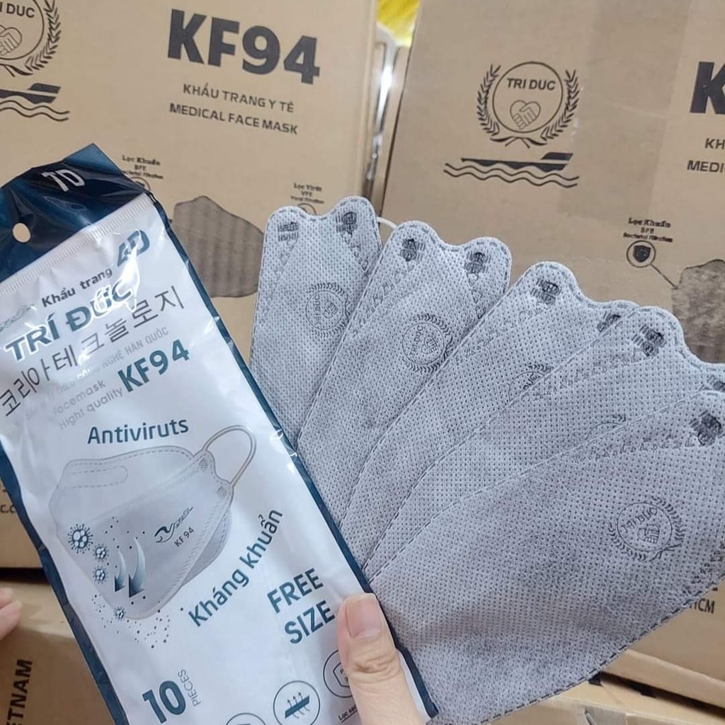 Thùng 300cái Khẩu trang KF94 - 4D TRÍ ĐỨC người lớn, khẩu trang kháng khuẩn chống bụi siêu mịn Cao Cấp