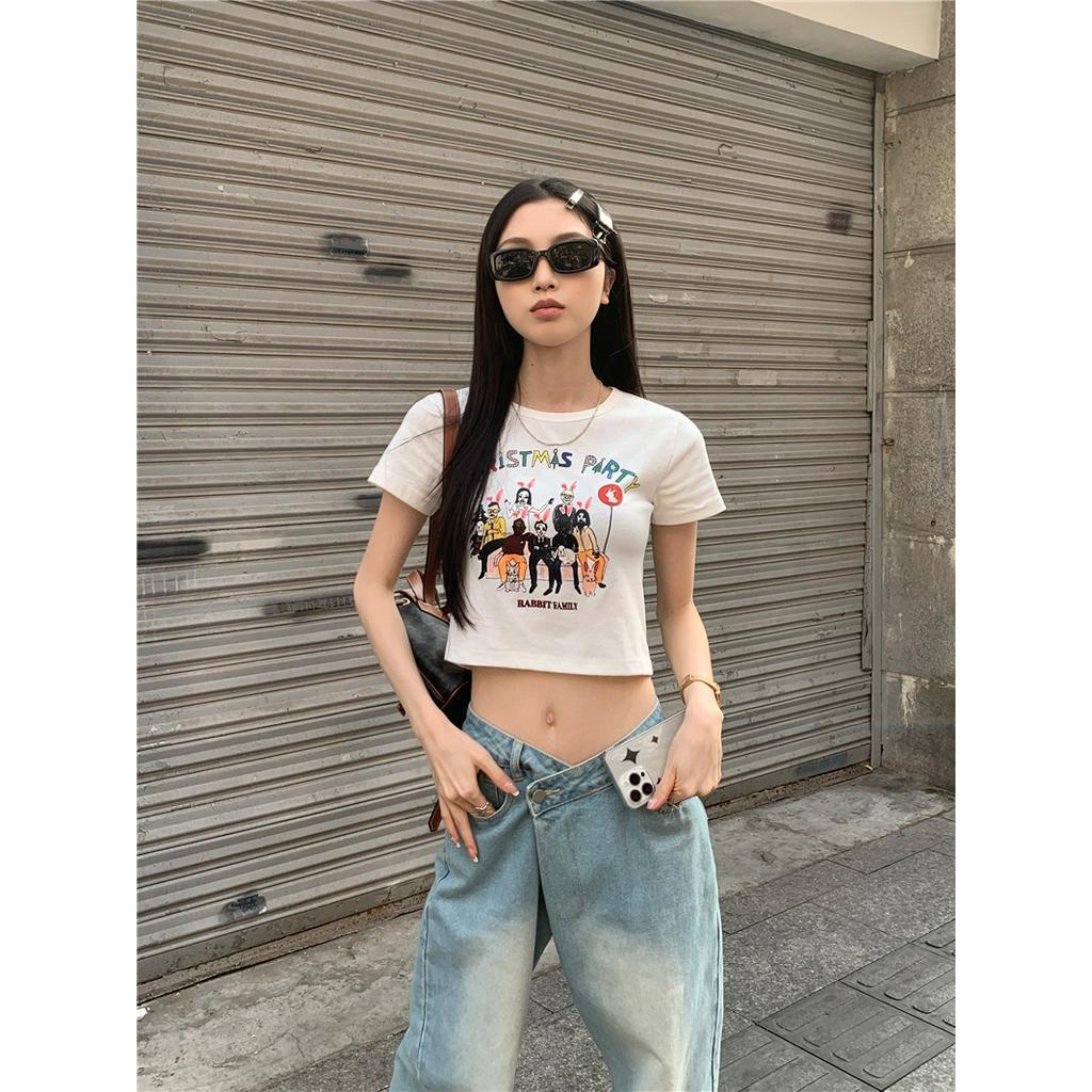 Áo Thun Tay Ngắn In Chữ Hoạt Hình Phong Cách Retro Mỹ Thời Trang Mùa Hè 62007