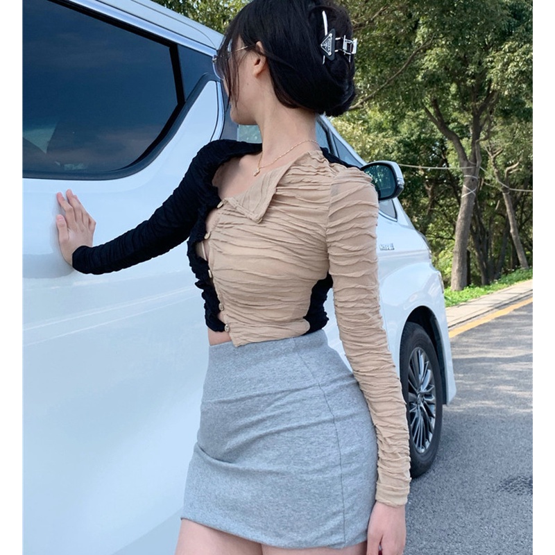 Áo Thun Tay Dài Dáng Ôm Màu Sắc Tương Phản Quyến Rũ Dành Cho Nữ