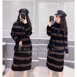 váy len tăm sọc ngang dài tay dáng dài