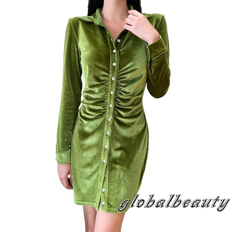 GB-Đầm ôm dáng tay dài xếp ly một mảnh màu xanh lá/cam/đen/xanh lá/xanh dương đậm/hồng cho nữ